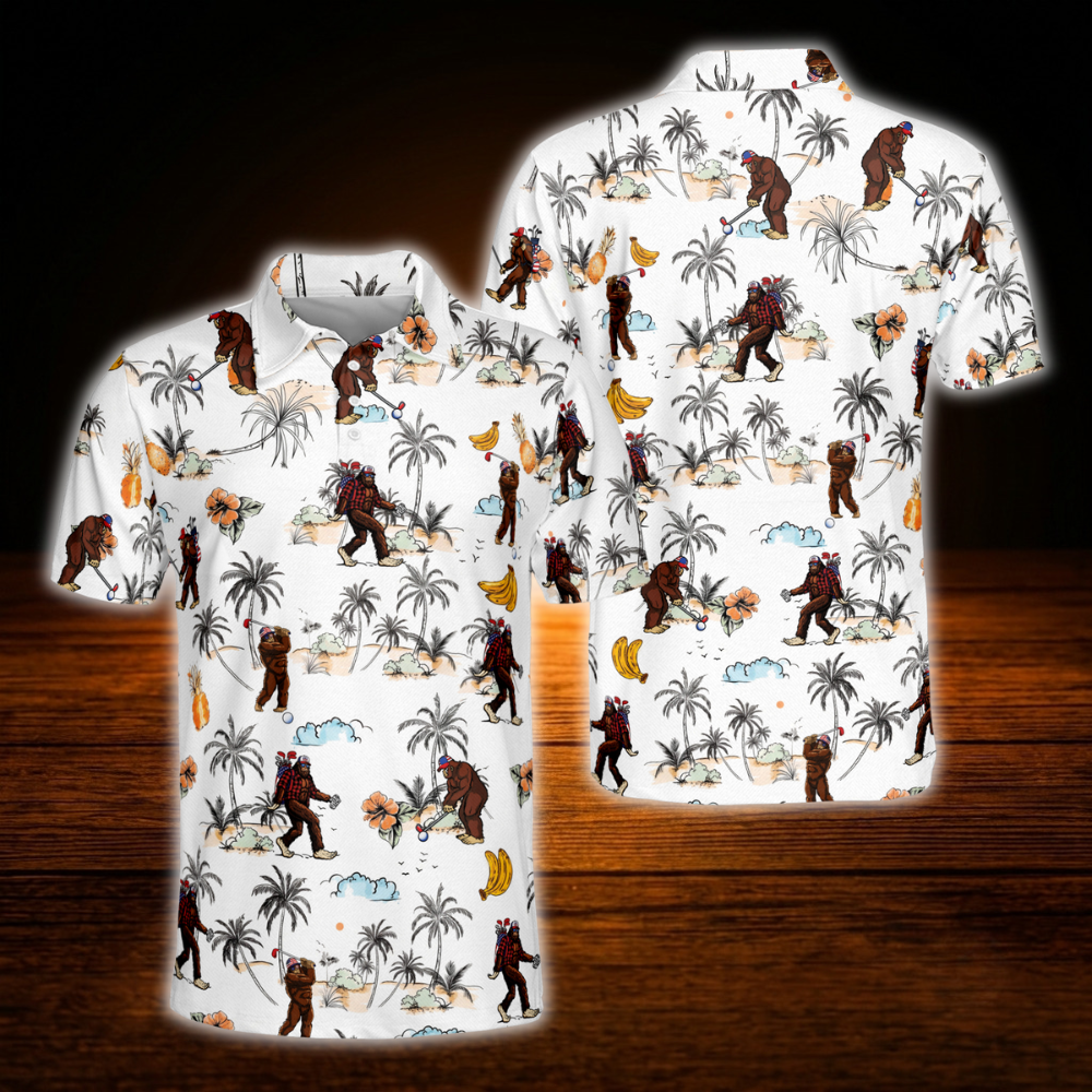 Men's Bigfoot Tropical Golf Polo Shirt, Sasquatch Bigfoot Golf Shirt