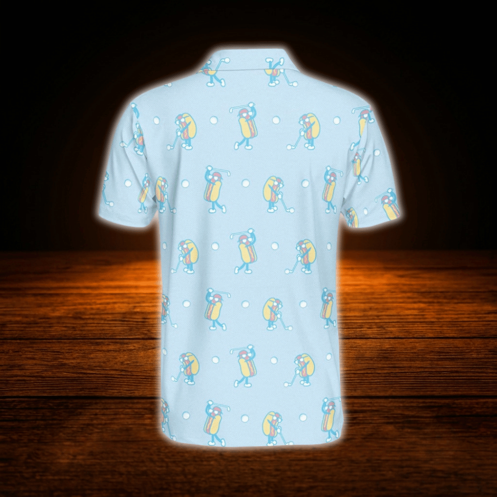 Funny Hot Dog Men's Light Blue Golf Polo Shirt, Hot Dog Golf Shirt