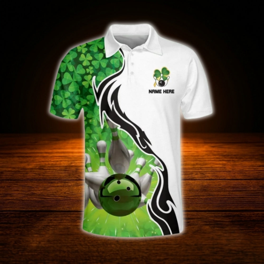 Custom Shamrock Bowling Mens Polo Shirt Green And White, Custom Patrick's Day Bowling Team Shirt