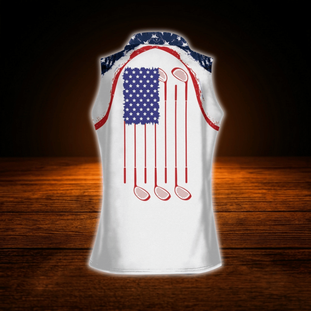Custom Women's Red White And Blue American Flag Sleeveless Golf Shirt, Custom  Ladies Patriotic Golf Shirts