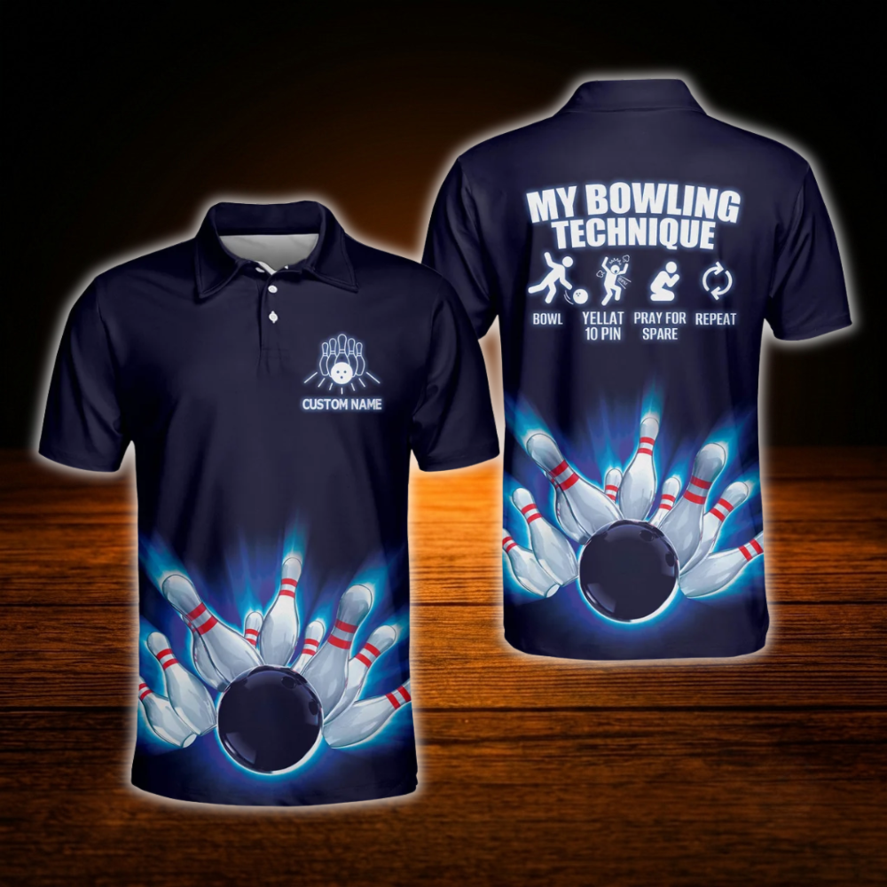 Custom My Bowling Technique Bowling Polo Shirts Mens, Custom Funny Bowling Shirts