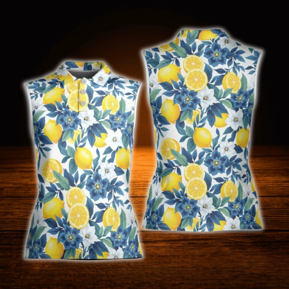 Lemon Floral Women's Sleeveless Golf Shirt, Lemon Golf Shirt For Ladies