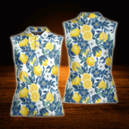 Lemon Floral Women's Sleeveless Golf Shirt, Lemon Golf Shirt For Ladies