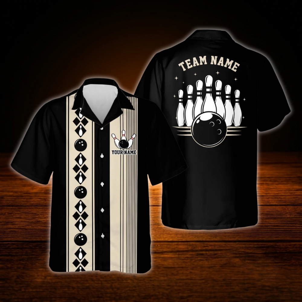 Custom Vintage Men Bowling Hawaiian Shirt Blue Beige, Custom Vintage Bowling Shirt For Team