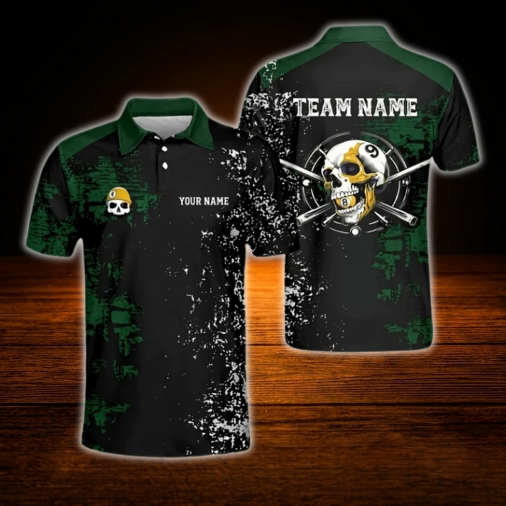 Custom Skull 8 Ball Billiard Men Polo Shirt Black Blue, Custom Team Skull Billiard Shirt