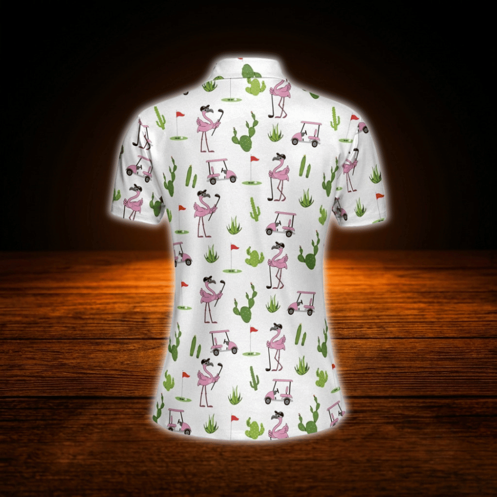 Flamingo Cactus Ladies Golf Polo Shirt, Flamingo Golf Shirt For Women