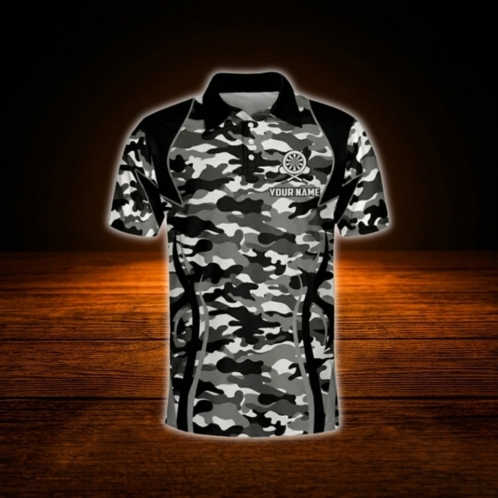 Custom Camouflage Black Grey Darts Polo Shirt Men, Custom Camo Dart Shirt