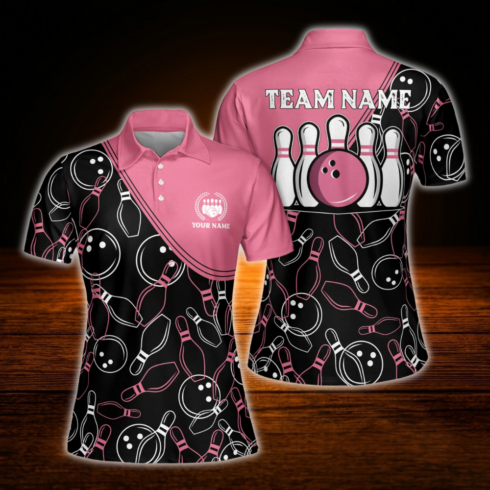 Women's Custom Black Pink Pattern Bowling Polo Shirt, Custom Team Bowling Shirt For Ladies