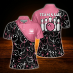 Women's Custom Black Pink Pattern Bowling Polo Shirt, Custom Team Bowling Shirt For Ladies