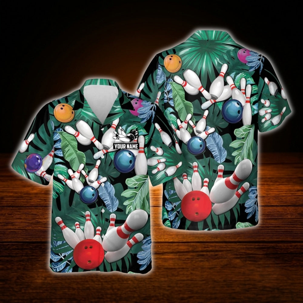 Custom Tropical Bowling Hawaiian Shirt Green, Personalized Tropical Bowling Shirt