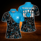 Women's Custom Black Pink Pattern Bowling Polo Shirt, Custom Team Bowling Shirt For Ladies