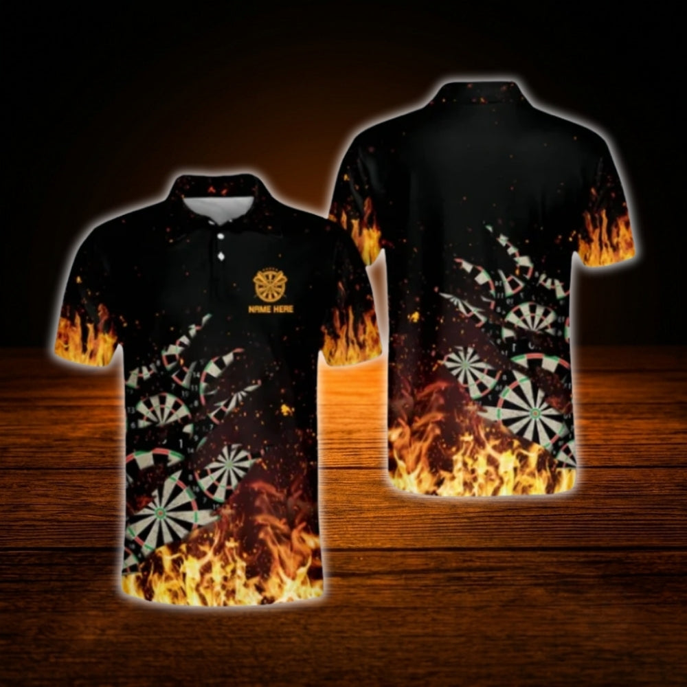Custom Fire Orange Black Darts Polo Shirt For Men, Custom Flame Darts Shirt