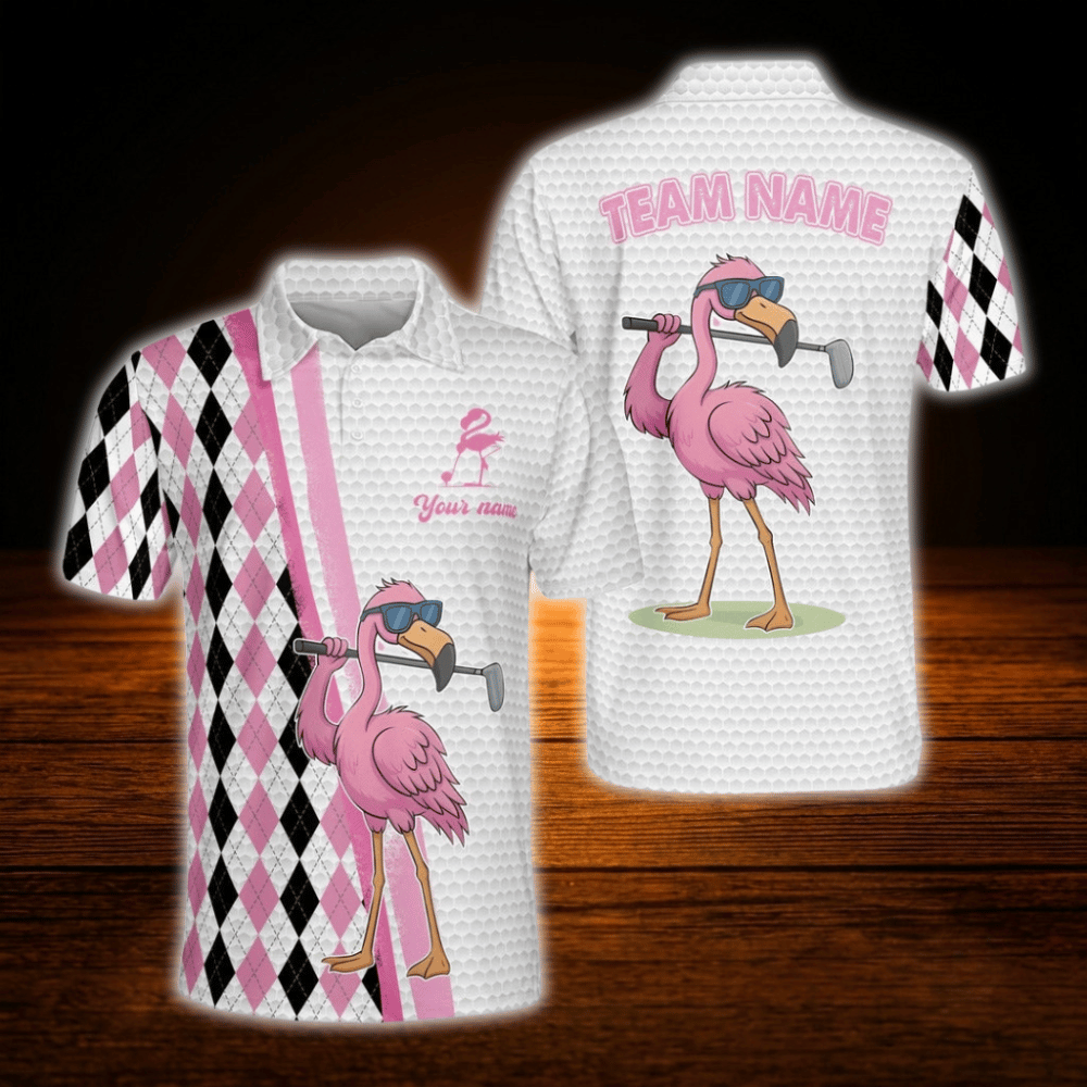 Custom Team Flamingo Argyle Golf Polo Shirt For Men, Custom Flamingo Golf Shirt