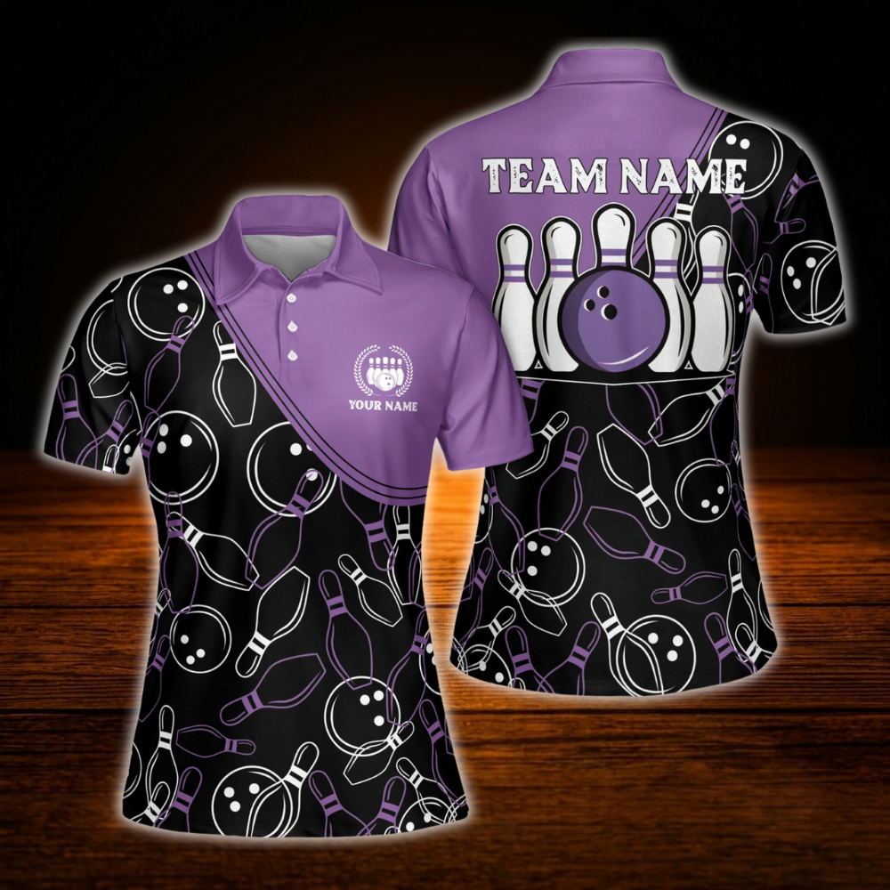 Women's Custom Black Pink Pattern Bowling Polo Shirt, Custom Team Bowling Shirt For Ladies