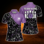 Women's Custom Black Pink Pattern Bowling Polo Shirt, Custom Team Bowling Shirt For Ladies