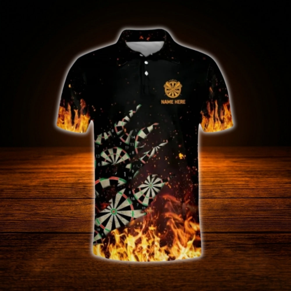Custom Fire Orange Black Darts Polo Shirt For Men, Custom Flame Darts Shirt