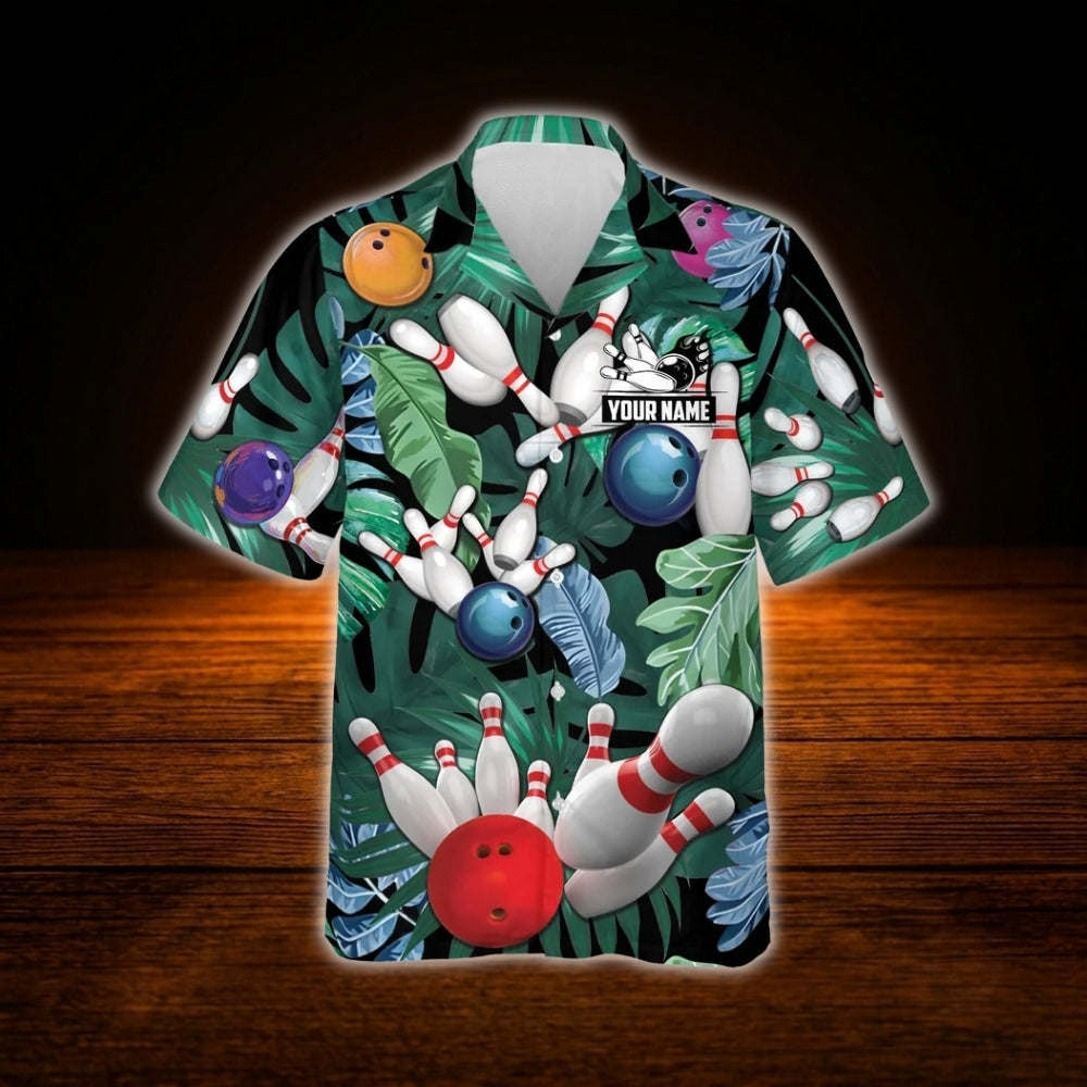 Custom Tropical Bowling Hawaiian Shirt Green, Personalized Tropical Bowling Shirt
