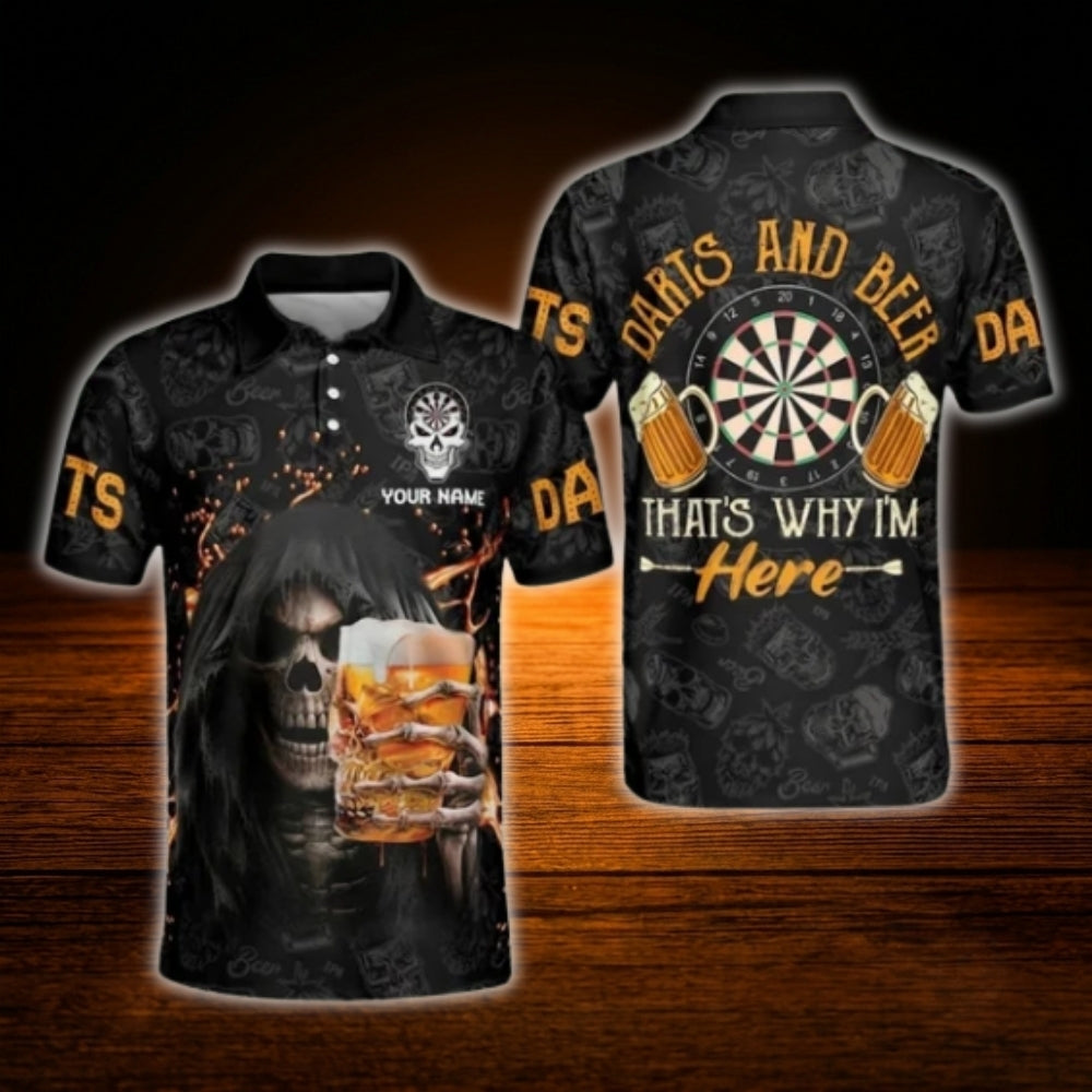 Darts And Beer That's Why I'm Here Custom Skull Darts Polo Shirt Men, Custom Beer Dart Shirts