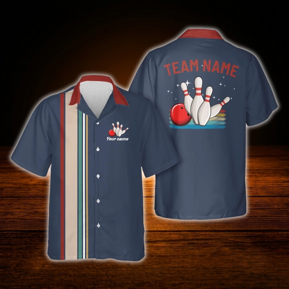 Custom Retro Navy Bowling Hawaiian Shirt Men, Custom Retro Bowling Team Shirt