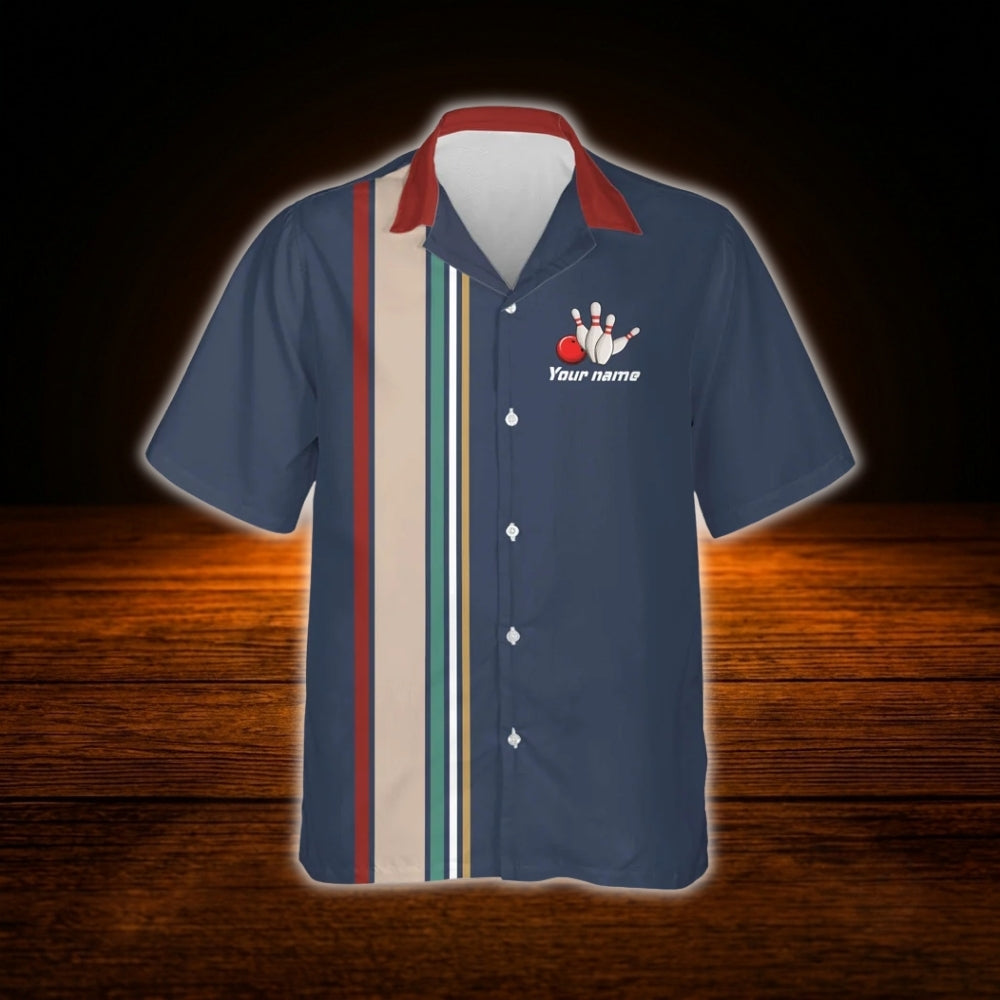 Custom Retro Navy Bowling Hawaiian Shirt Men, Custom Retro Bowling Team Shirt