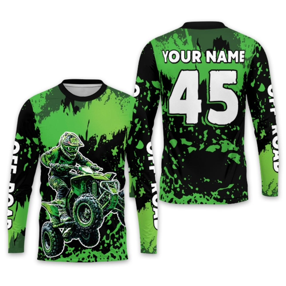 Personalized ATV Motocross Green Black Long Sleeve Jersey For Men, Custom ATV Dirt Bike Shirt