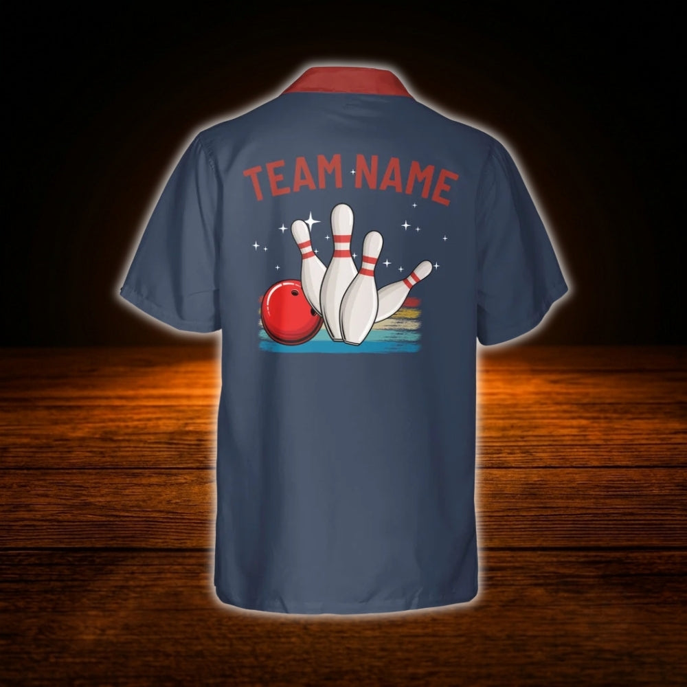 Custom Retro Navy Bowling Hawaiian Shirt Men, Custom Retro Bowling Team Shirt