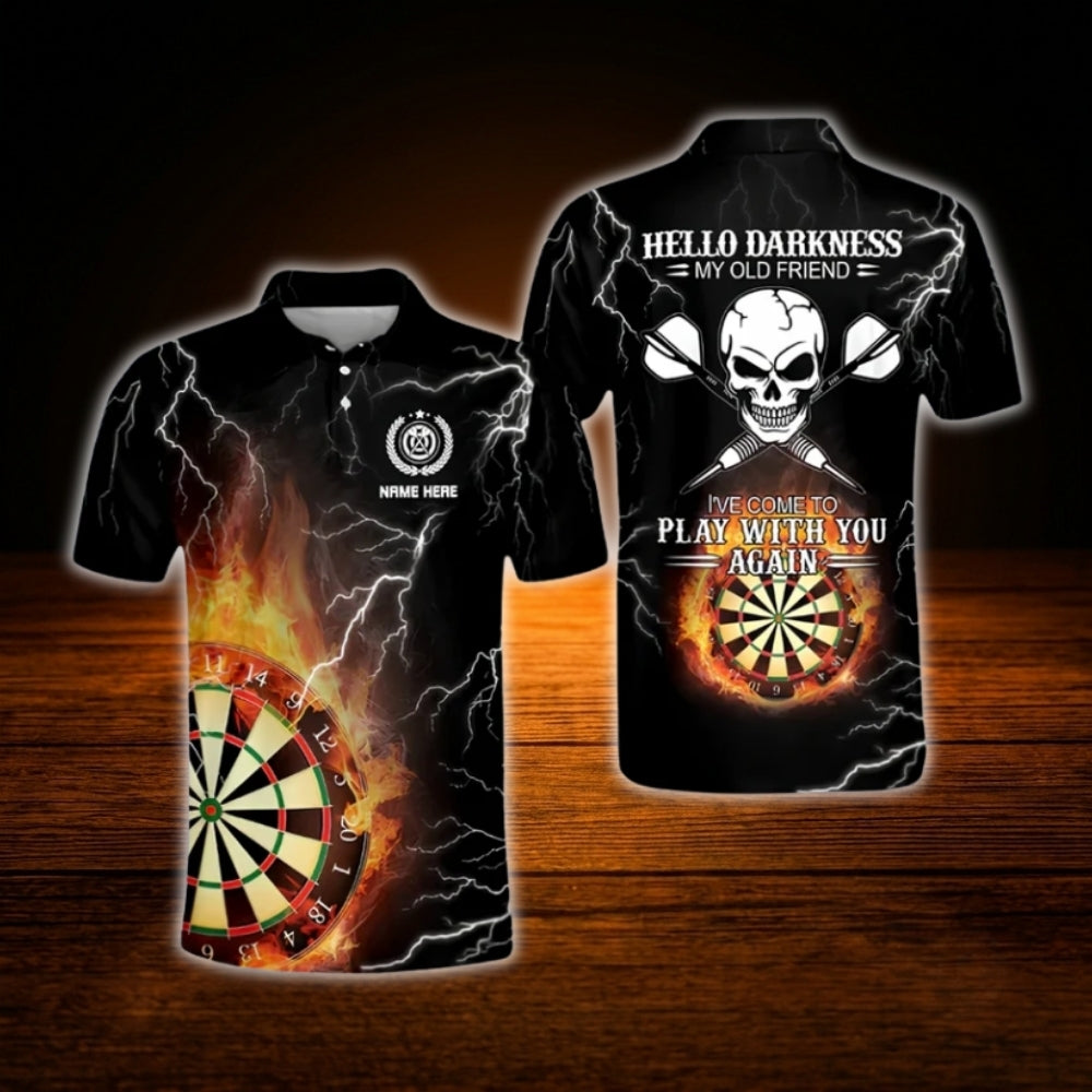 Custom Hello Darkness My Old Friend I've Come To Play With You Again Men's Skull Dart Polo Shirt, Custom Funny Skull Dart Shirt