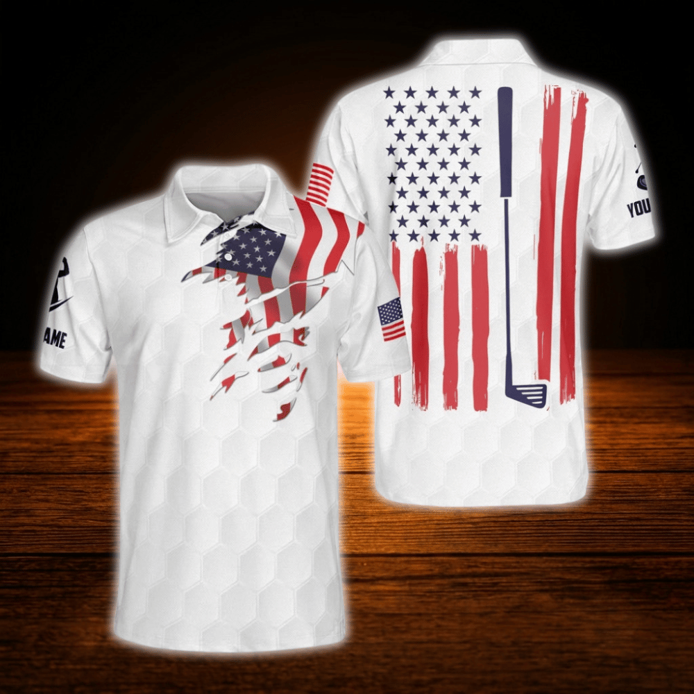Personalized Men's American Flag Golf Polo Shirt, Custom Patriotic Golf Shirt