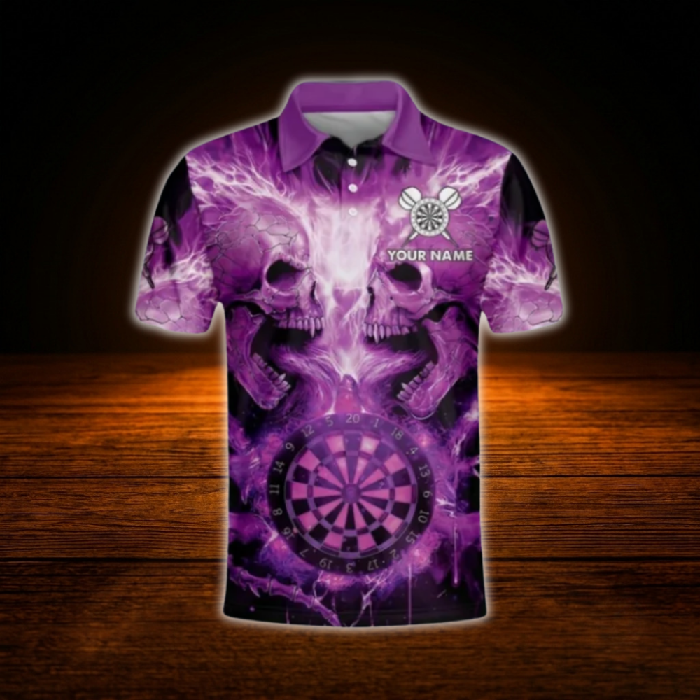 Custom Skeleton Purple Dart Men Polo Shirt, Custom Skull Darts Shirt