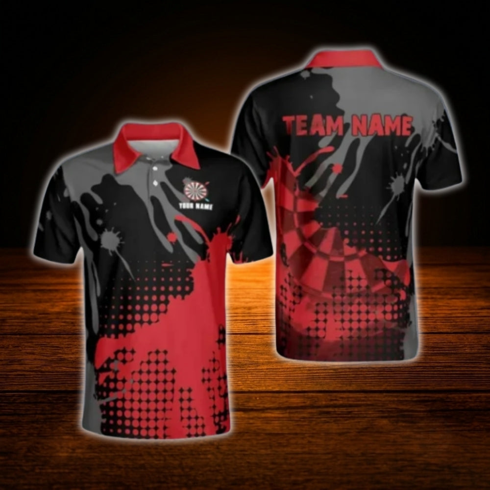 Black And Red Custom Team Darts Polo Shirt For Men, Custom Darts Shirt