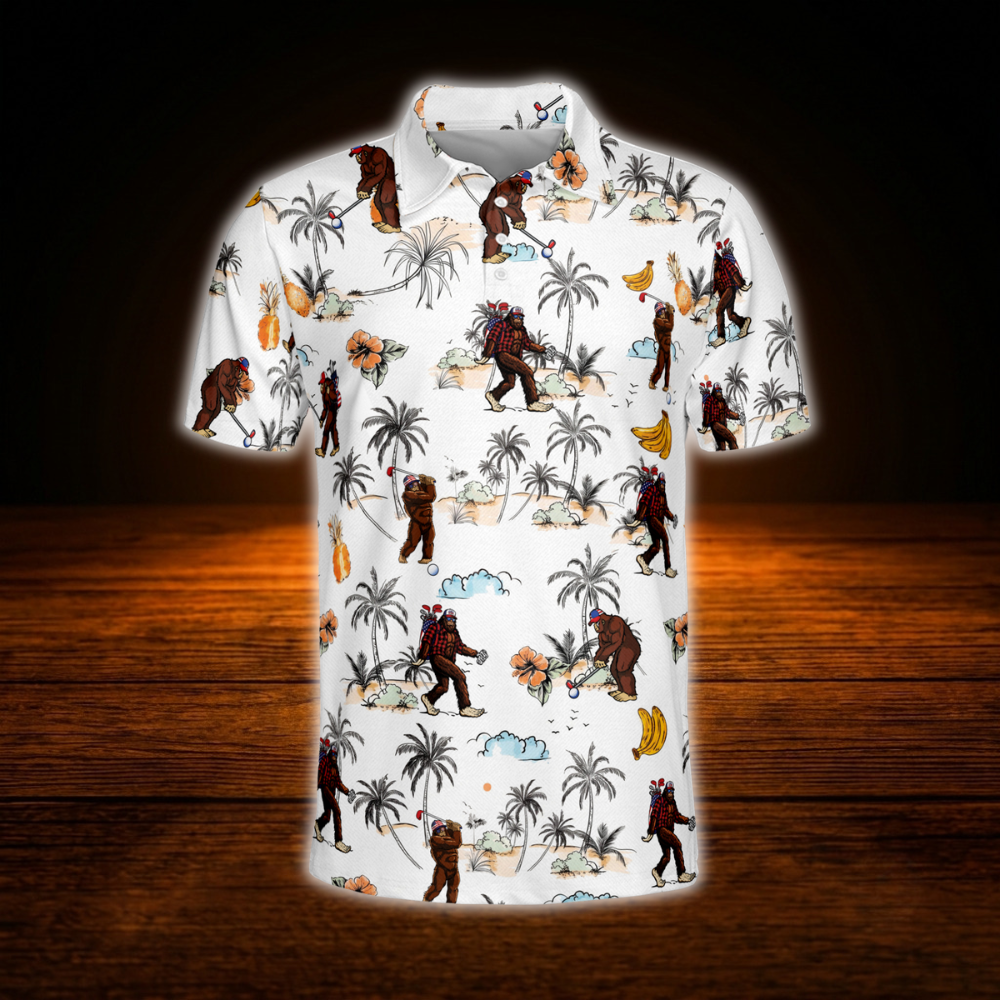 Men's Bigfoot Tropical Golf Polo Shirt, Sasquatch Bigfoot Golf Shirt
