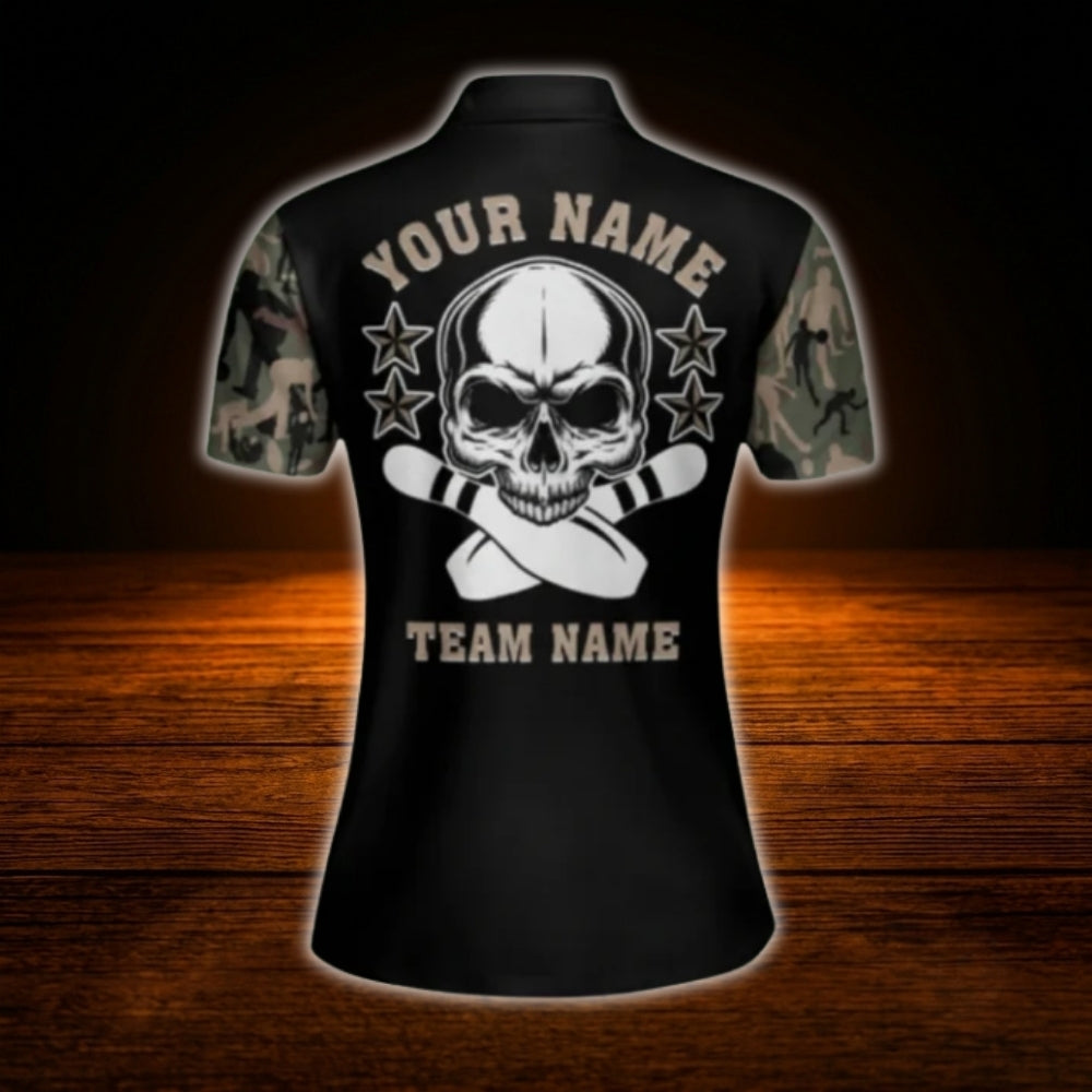 Skull Camouflage Custom Womens Bowling Polo Shirt, Custom Skull Ladies Bowling Team Shirt