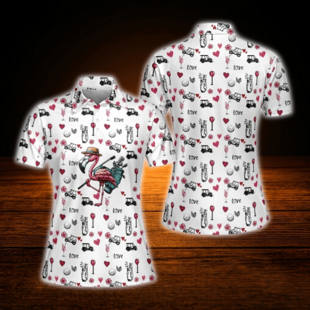 Flamingo Flower Wine Heart Golf Polo Shirts For Woman, Flamingo Golf Shirts For Ladies