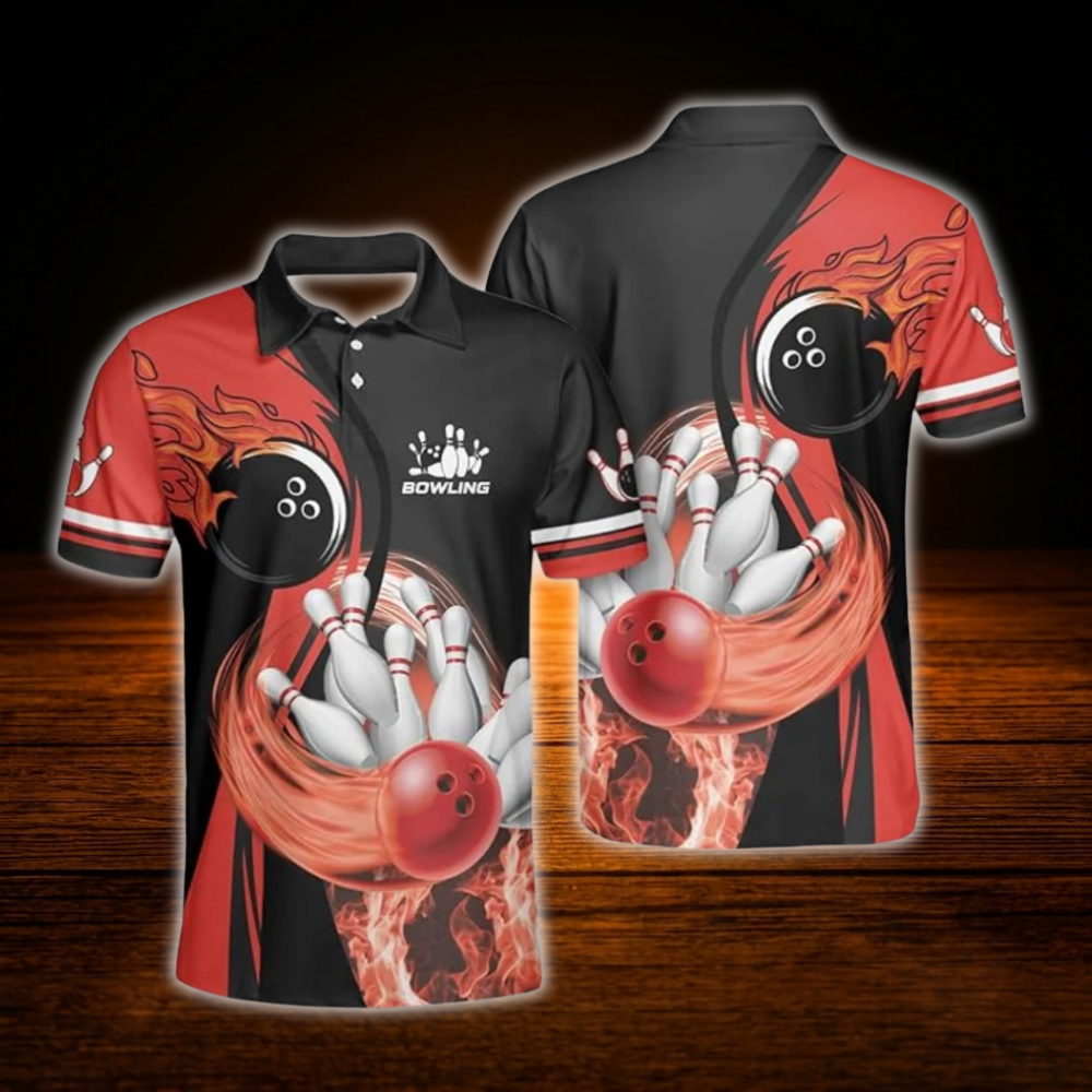 Purple Flame Custom Mens Bowling Polo Shirt, Custom Flame Bowling Shirt For Team