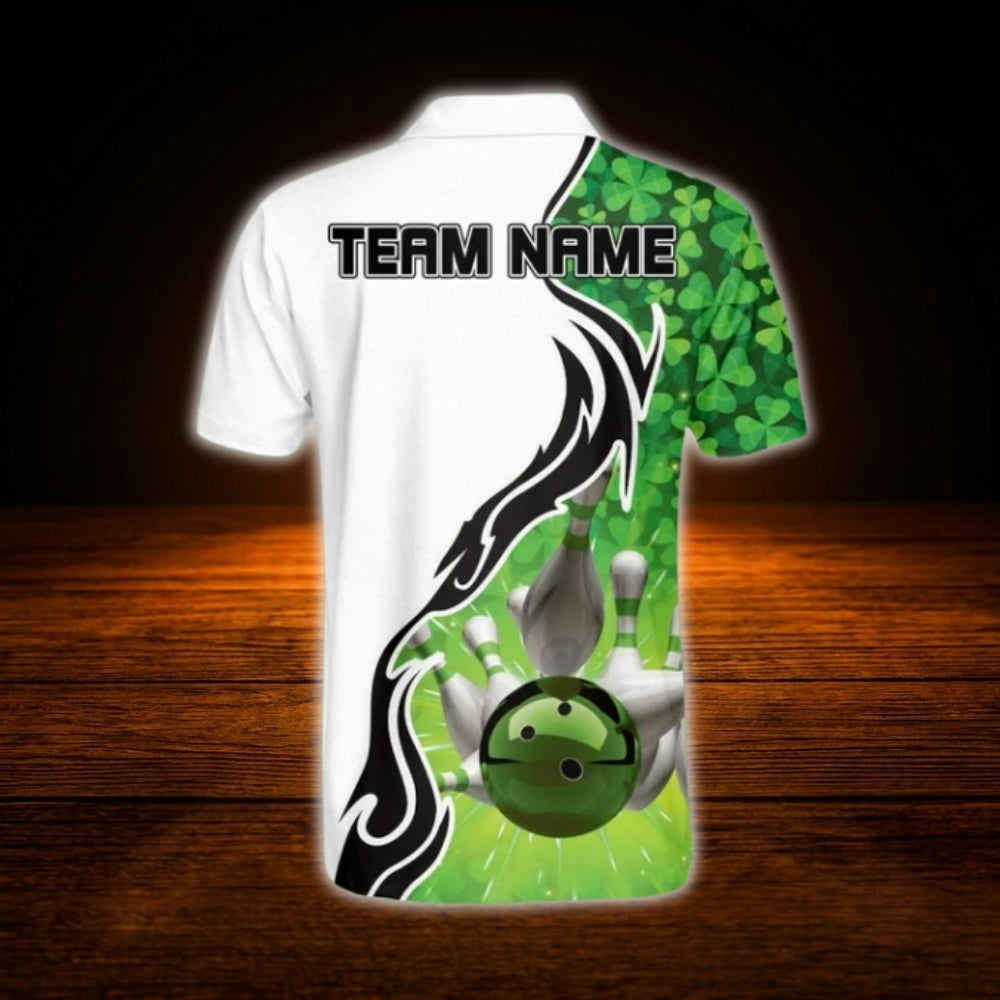 Custom Shamrock Bowling Mens Polo Shirt Green And White, Custom Patrick's Day Bowling Team Shirt