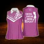 Custom Swing Swear Drink Repeat Pink Sleeveless Golf Shirts For Women, Custom Funny Golf Shirts For Ladies