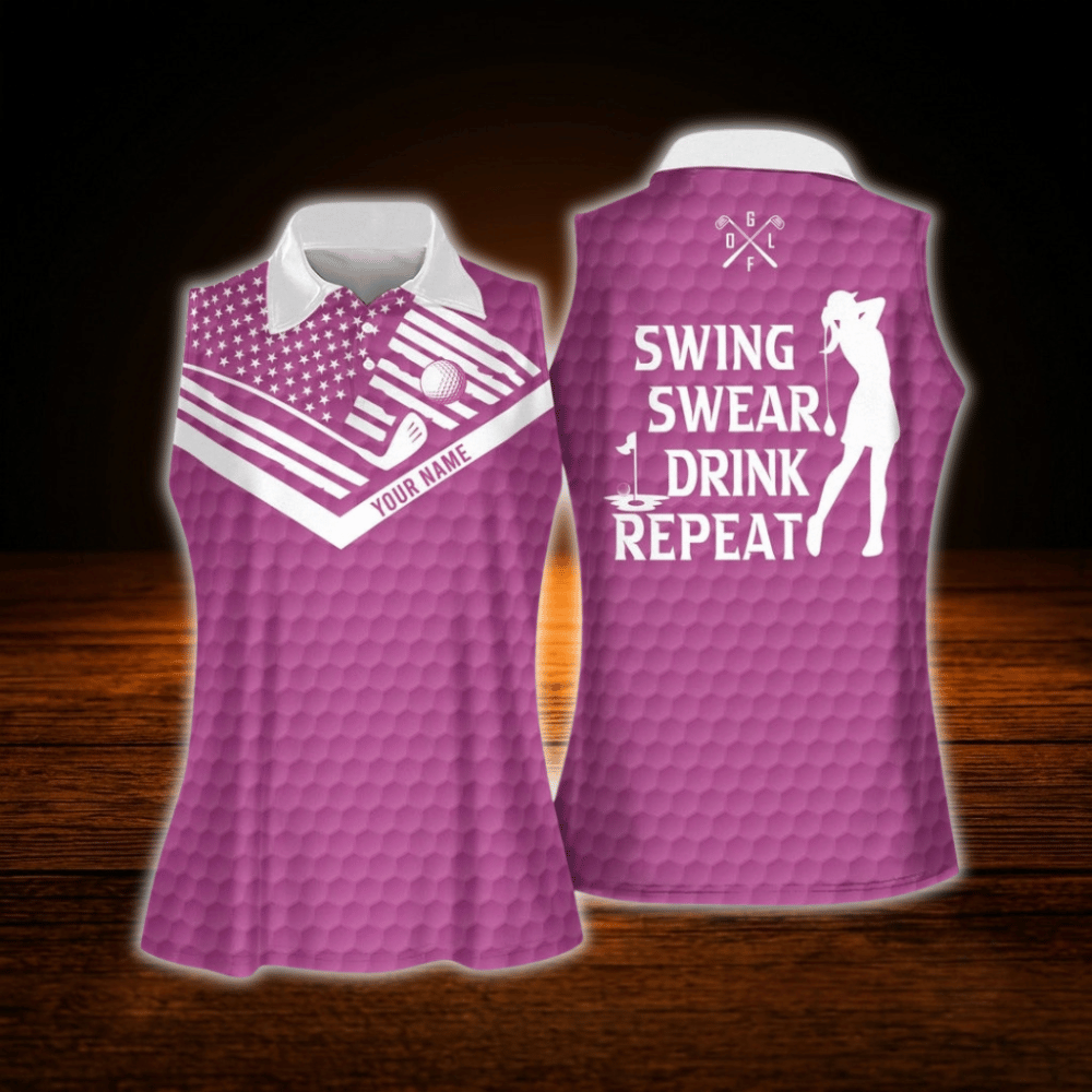 Custom Swing Swear Drink Repeat Pink Sleeveless Golf Shirts For Women, Custom Funny Golf Shirts For Ladies