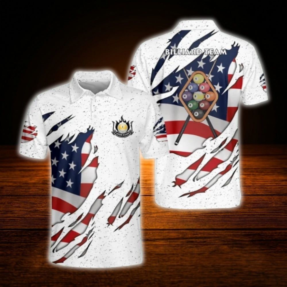 9 Ball Custom USA Flag Grunge Billiard Polo Shirt For Men, Custom Patriotic Billiard Shirt For Team