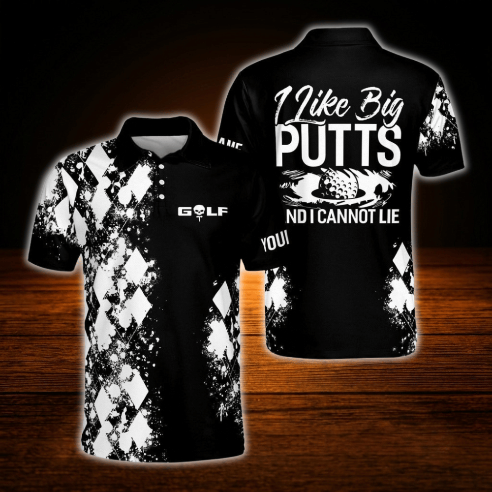 Custom I Like Big Putts And I Cannot Lie Black Argyle Polo Golf Shirts For Men, Custom Funny Golf Saying Shirts