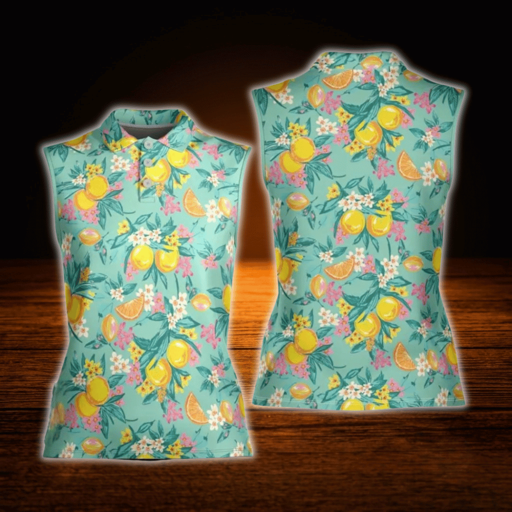 Lemon Floral Women's Sleeveless Golf Shirt, Lemon Golf Shirt For Ladies