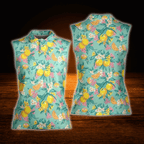 Lemon Floral Women's Sleeveless Golf Shirt, Lemon Golf Shirt For Ladies