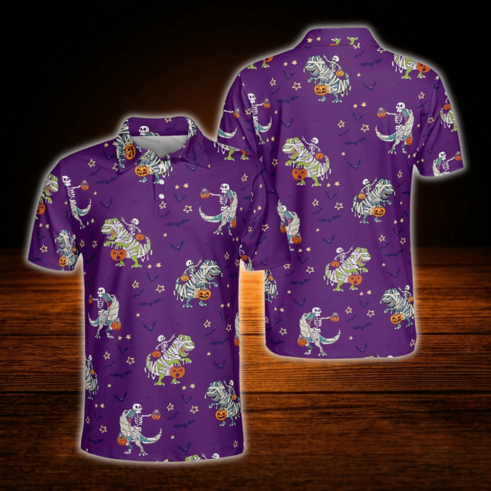 Skull Dinosaur Halloween Men's Purple Golf Polo Shirt, Halloween Golf Shirt