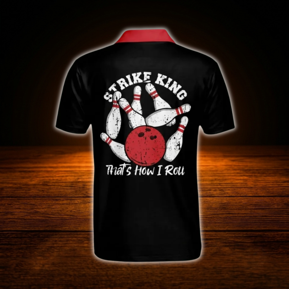 Strike King That's How I Roll Custom Black And Red Bowling Polo Shirts For Men, Custom Funny Bowling Shirts