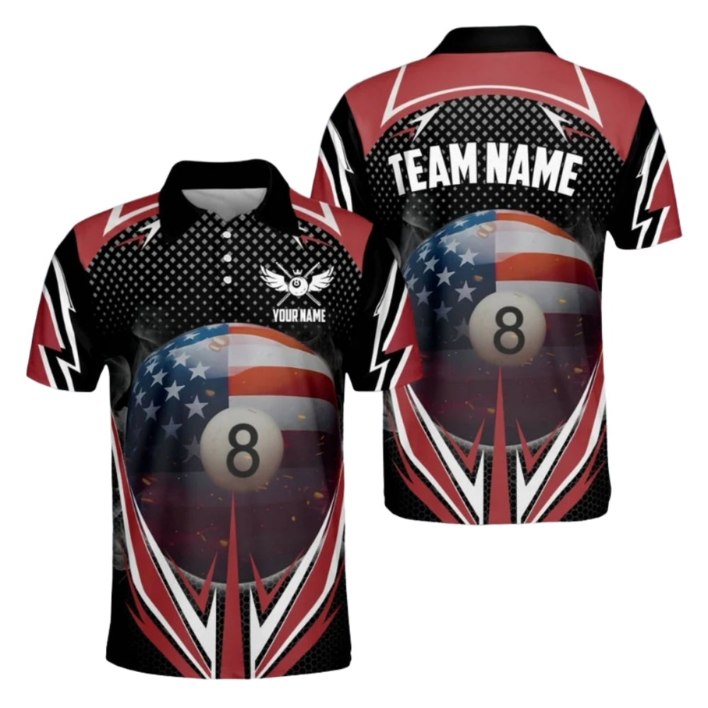 Custom American Flag 8 Ball Billiard Polo Shirts Mens, Custom Patriotic Billiard Team Shirts BIZ0064