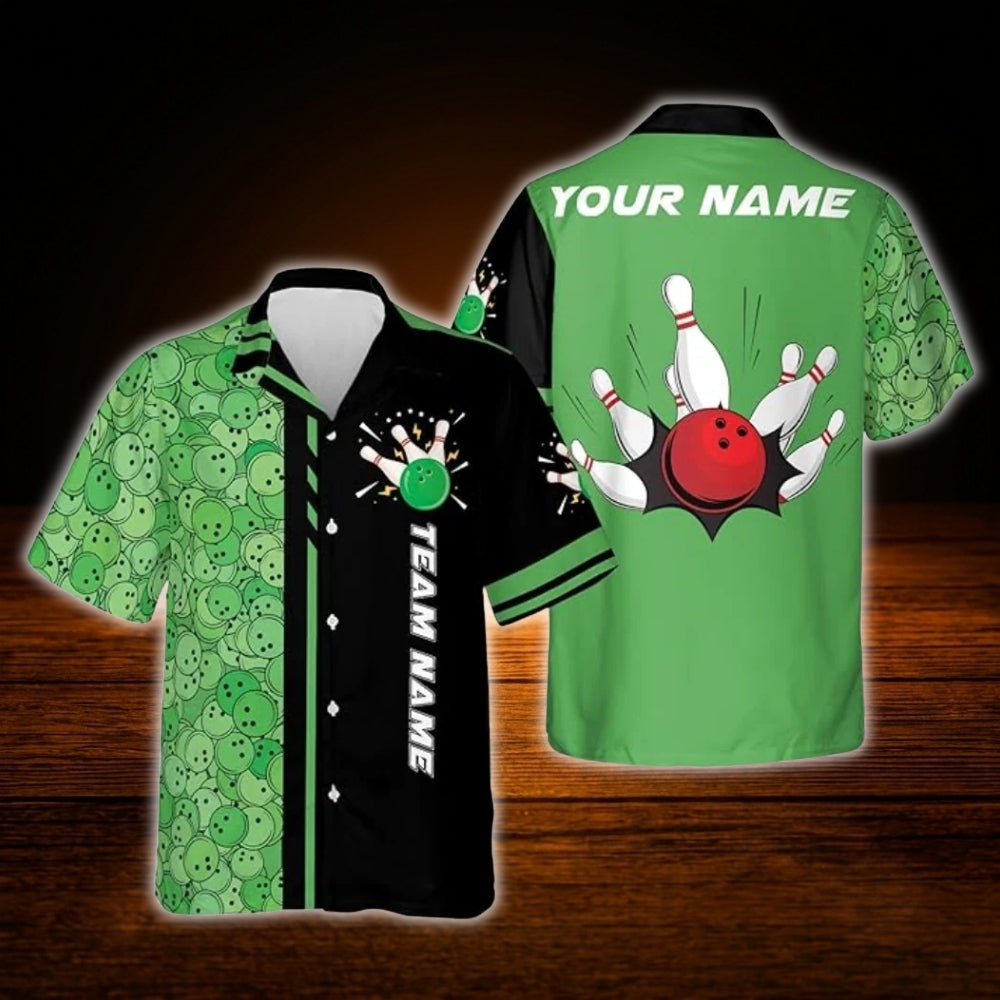 Custom Team Green And Black Bowling Hawaiian Shirt, Custom Bowling Team Shirt