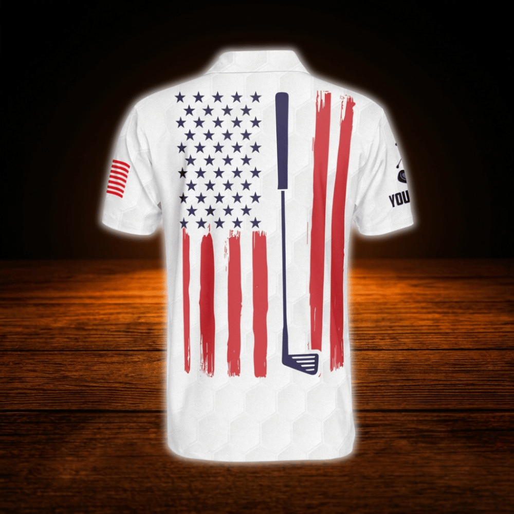 Personalized Men's American Flag Golf Polo Shirt, Custom Patriotic Golf Shirt