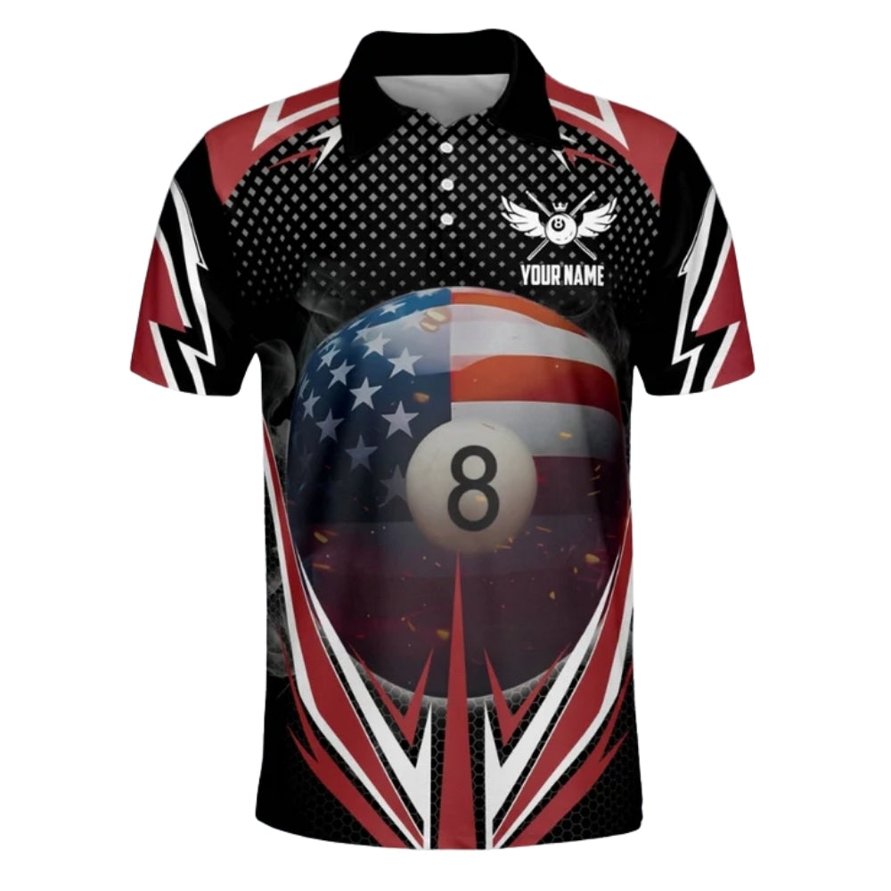 Custom American Flag 8 Ball Billiard Polo Shirts Mens, Custom Patriotic Billiard Team Shirts BIZ0064