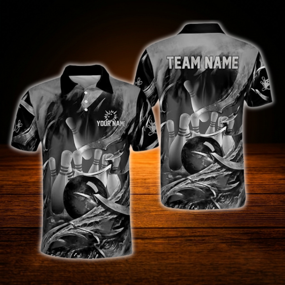 Custom Flame Blue Grey Grunge Bowling Polo Shirt For Men, Custom Flame Bowling Team Shirt