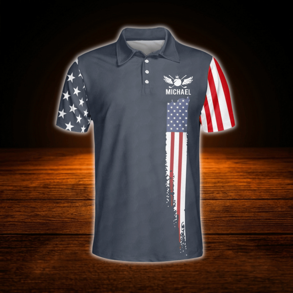 Custom American Flag Navy Polo Golf Shirt For Men, Custom Patriotic Golf Shirt
