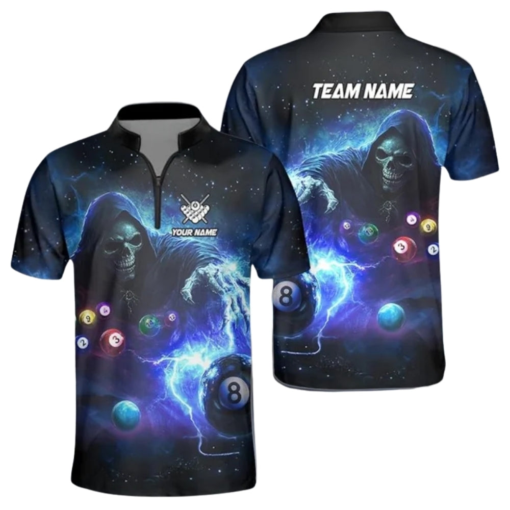 Custom Skull Men's Black And Blue Billiard Jersey Shirt, Custom Skull Billiard Team Shirts BIZ0054
